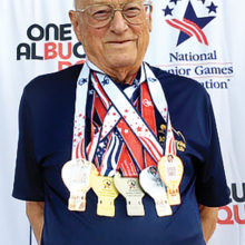 Harold Peter with his winning medals; Photo by Gisela Peter