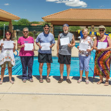(Above) SaddleBrooke's newest swimmers from the April Adult Learn-To-Swim clinic (left to right): Linda Bowers, Karen Dewey, Barbara Burgess, Julian Imes, Joe Allen, Pat Olson, Linda Cutting, and Jean Romine. Not pictured: JeriAnn Demsky and Gale DiGiorgio.
