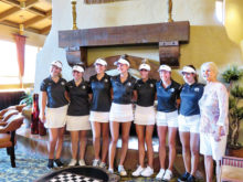 Left to right: Zoey Newell, Kaylee Jewkes, Celia Schrecker, Makenna Brown, Ashley Engler, Hannah Ports, Raina Ports, and SBWGA President Sherry Fitzpatrick.