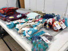 Just look at the collection of items donated to Senior Village. Thanks, knitters!