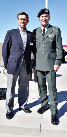 Col. Bill Nagy, President of the Catalina Mountains Satellite Chapter (CMSC) Tucson Military Officer of Association of America (MOAA) stands to the left of Lt. Col. Jeffery F. Foster M. Ed who gave the invocation.