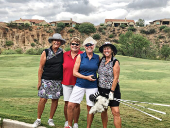 MPWGA captain Janey Clausen, SBRWGA captain Jean Cheszek, Barb Simms, and Denny Dalton showing how chummy and cordial competitors can be!