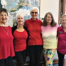 Bridge players celebrated Valentine’s with brightly-colored clothes. Sharon Wyles, Midge Miller, Marian Rogge, Vicki Hanson, and new member Barb Kiser cheered up the room.