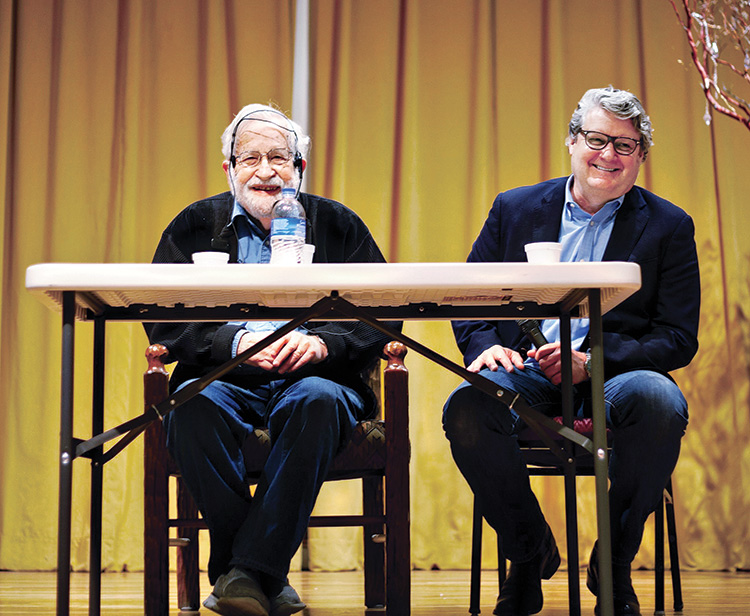 Professor Noam Chomsky and John Paul Jones, Dean of the UA College of Social and Behavioral Sciences, speak at the February 23, 2020 meeting of SaddleBrooke Freethinkers.