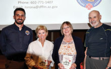 Speaker John Orona and door prize winners Karen Pachis, Shannon Martinell, and Richard Ewing (Photo by Ed Skaff)