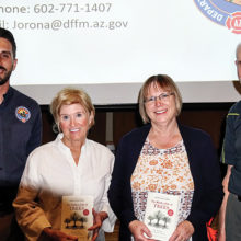 Speaker John Orona and door prize winners Karen Pachis, Shannon Martinell, and Richard Ewing (Photo by Ed Skaff)