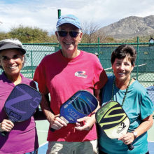 SPA members at the Ridgeview pickleball courts are Sandy Lindquist with 3.0 assisted play co-chairs Rich Reiner and Debbie Westwater