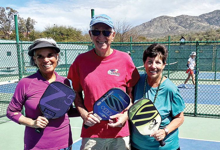 SPA members at the Ridgeview pickleball courts are Sandy Lindquist with 3.0 assisted play co-chairs Rich Reiner and Debbie Westwater