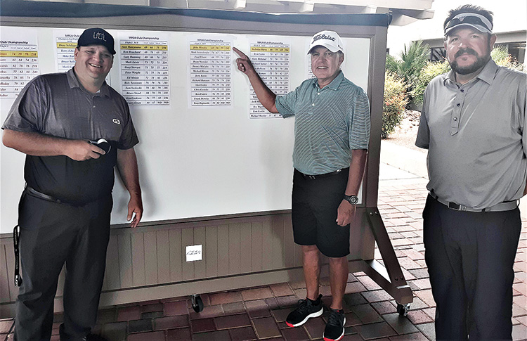 John Morales (center) SMGA Club Championship flight 3 winner with Troy Jewkes, head golf pro (left) and Mike Roddy, superintendent of golf and grounds (right)