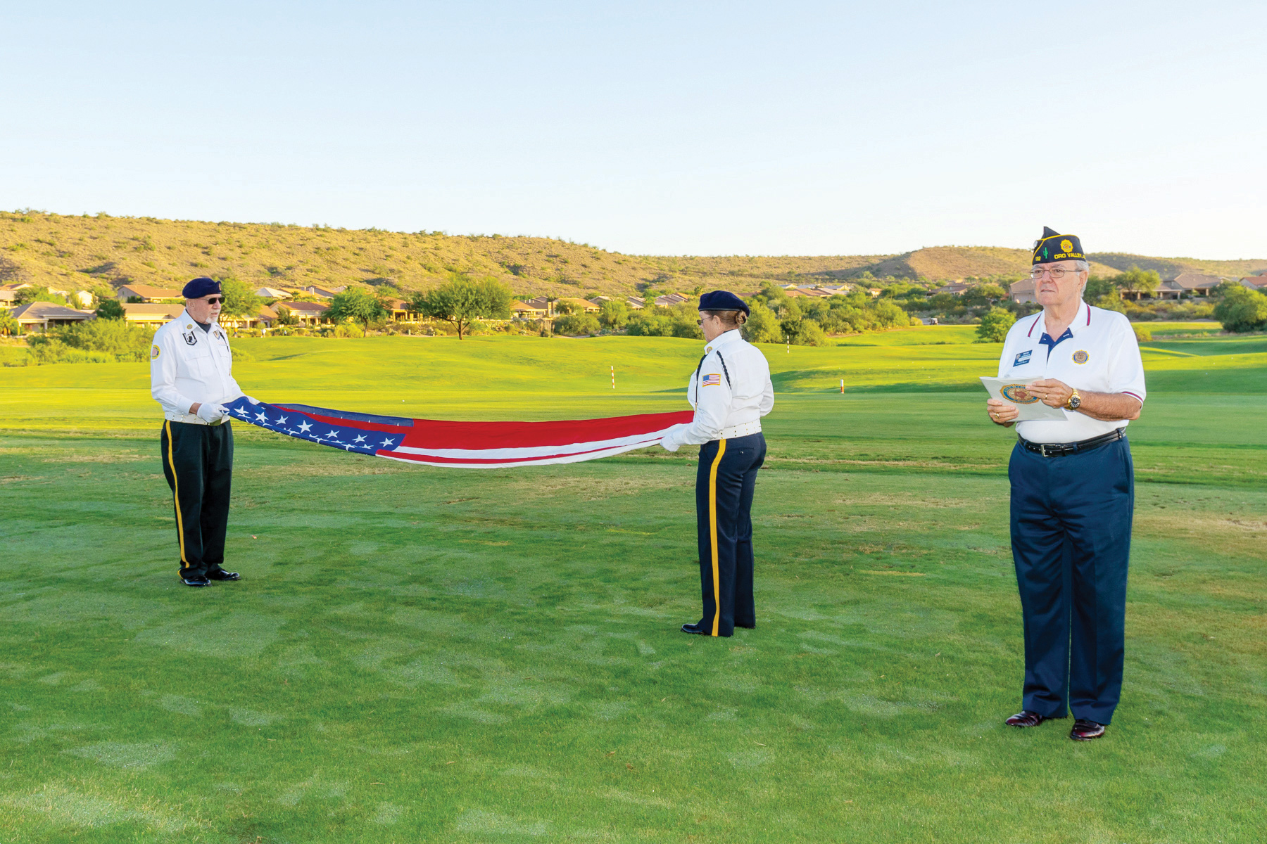 A beautiful morning eased in as Commander Wayne Larroque and members of the Oro Valley American Legion paid tribute to our military families prior to the Patriotic Golf Day event. (Photo by Bill George)