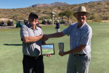 Lee Leksell (left) is congratulated by Dan Nordhill, MPMGA president, on winning the 2020 President’s Cup.